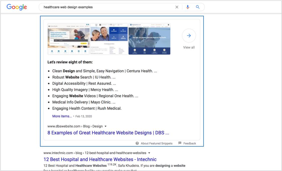A google search of healthcare web design examples.