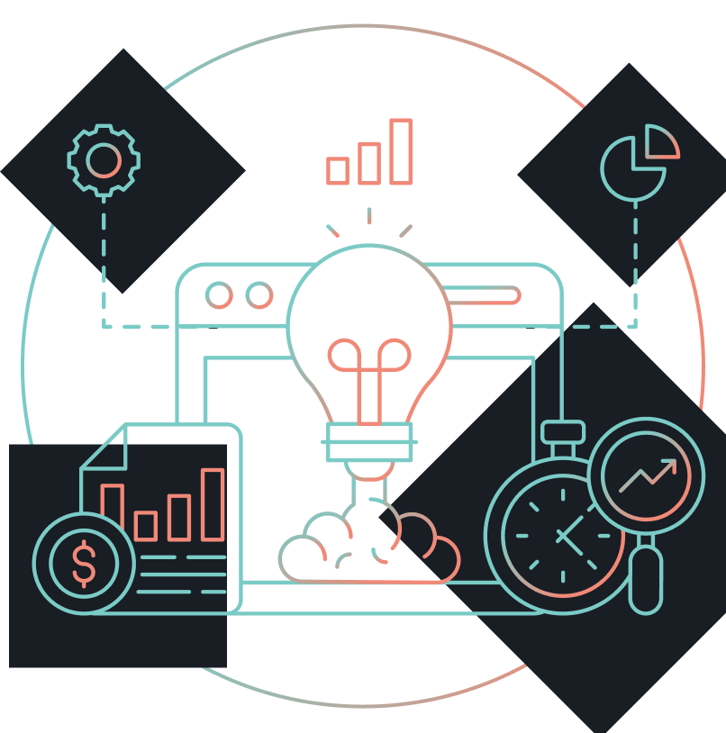 Image of light bulb surrounded by smaller industrial images