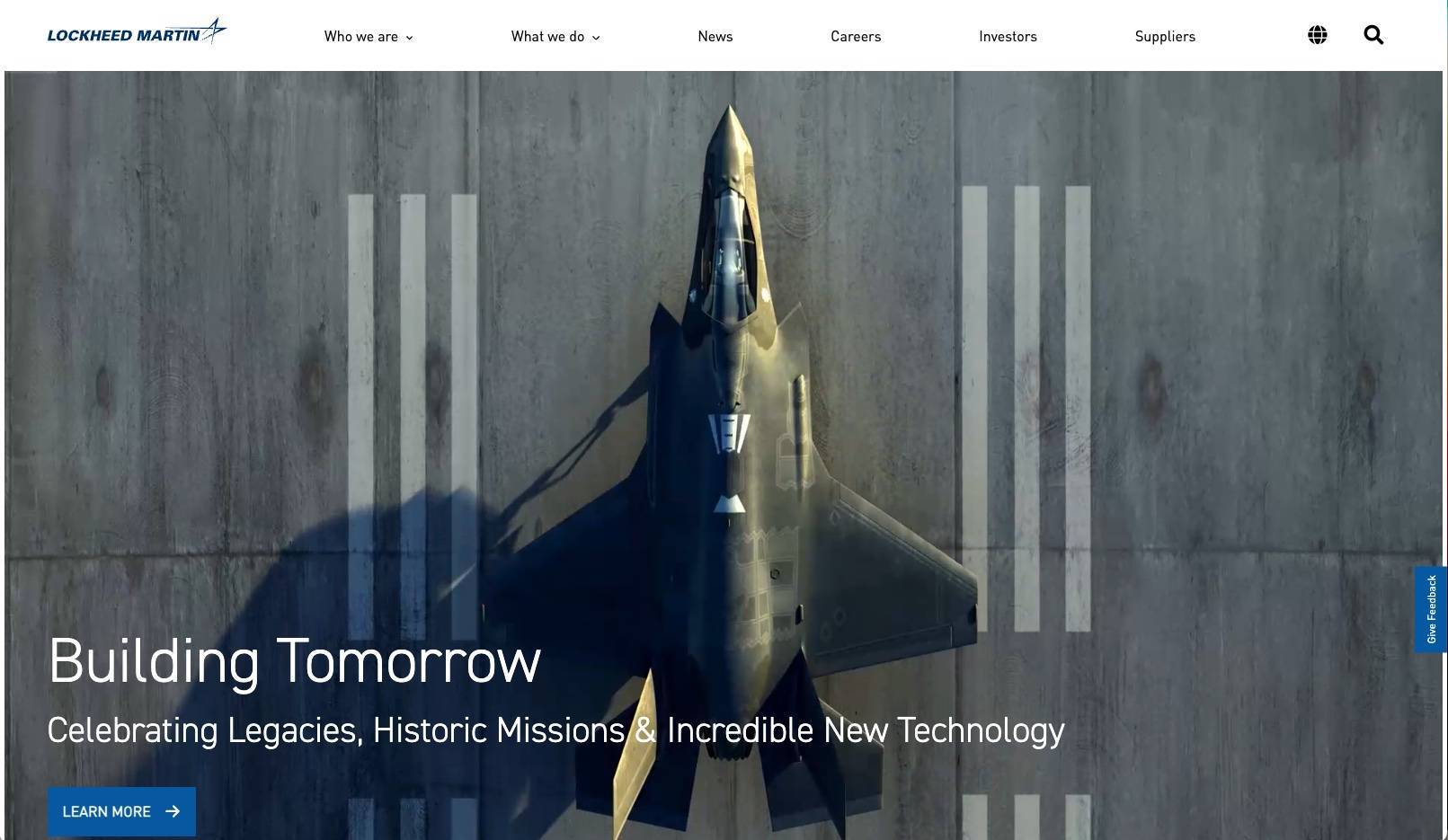 screenshot of Lockheed Martin's homepage design that effectively demonstrates captivating videography on a B2B website