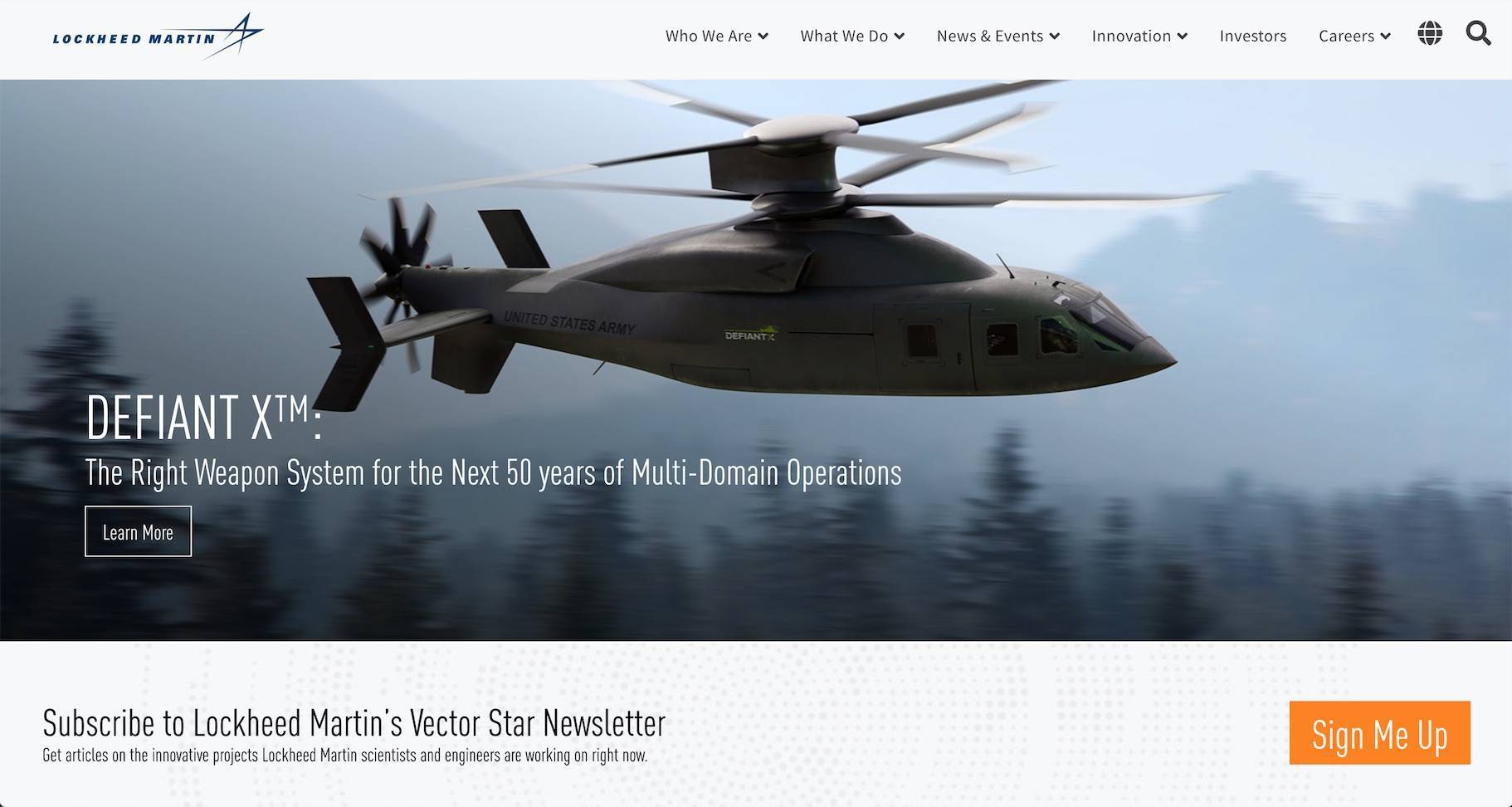 image of the Lockheed Martin manufacturing website homepage featuring high quality photo of helicopter