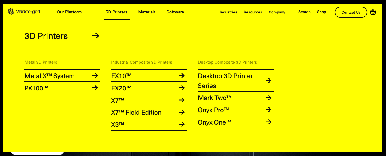 markforged website uses simple mega menu design