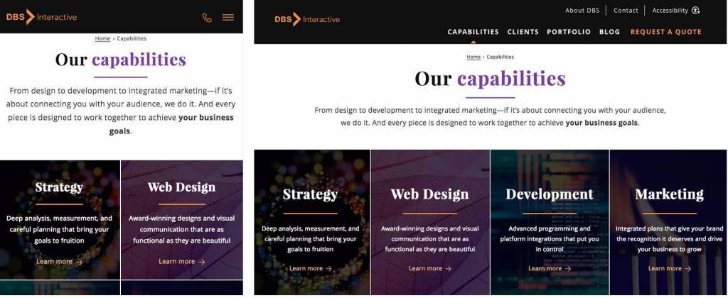 Example of mobile vs desktop responsive design on DBS Interactive website mobile vs desktop responsive design example DBS Interactive website
