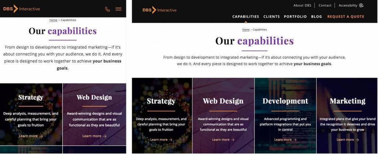mobile vs desktop responsive design example DBS Interactive website