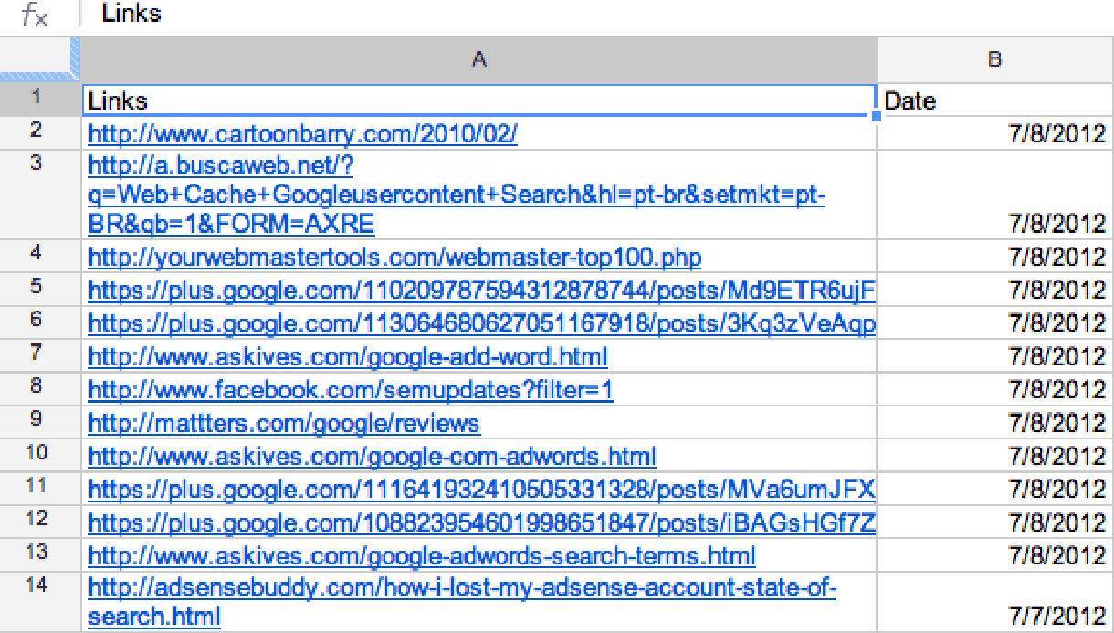 Screenshot of spreadsheet of links