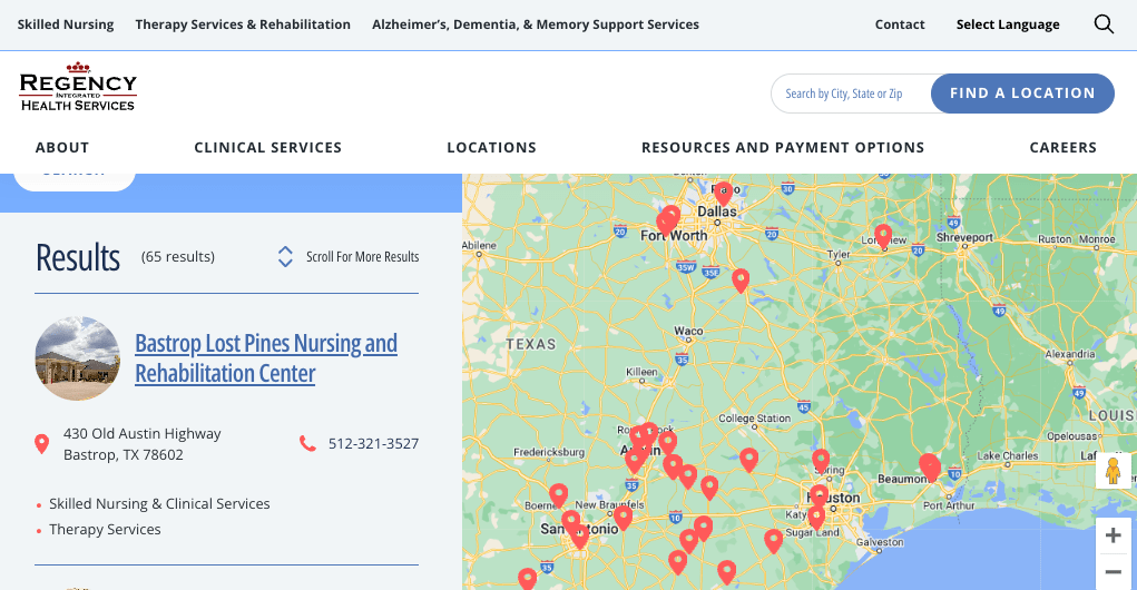 Screen grab of regency integrated health services skilled nursing interactive map