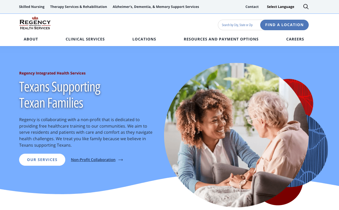 Screen grab of regency integrated health services skilled nursing website home page