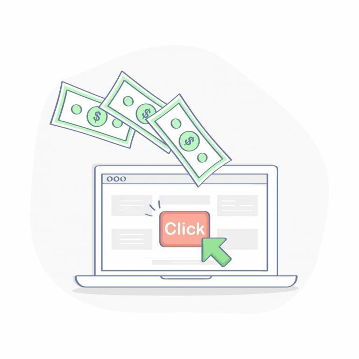 illustration of PPC Pay Per Click showing money being paid for internet click