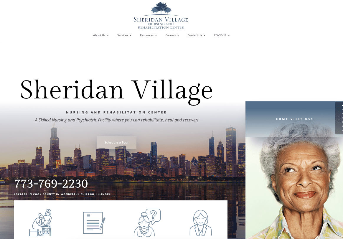Screen grab of sheridan village skilled nursing website home page