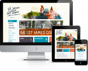 Photo of home pages for desktop, tablet and mobile phone from St James Court Art Show
