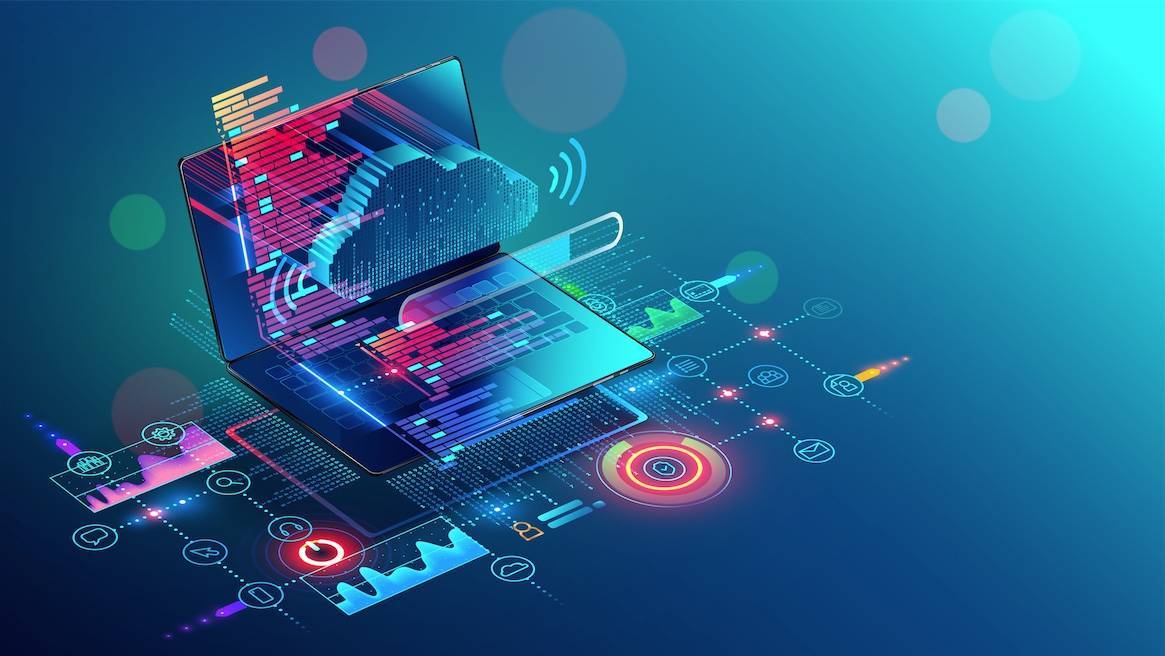 illustration of laptop computer with programming and technical icons