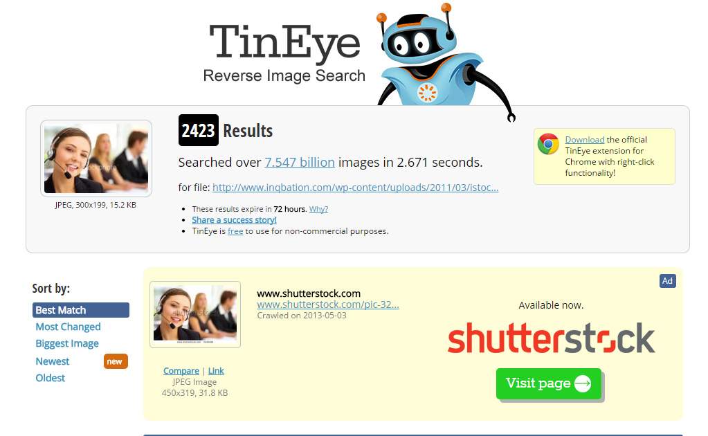 Screenshot of Tin Eye reverse image search