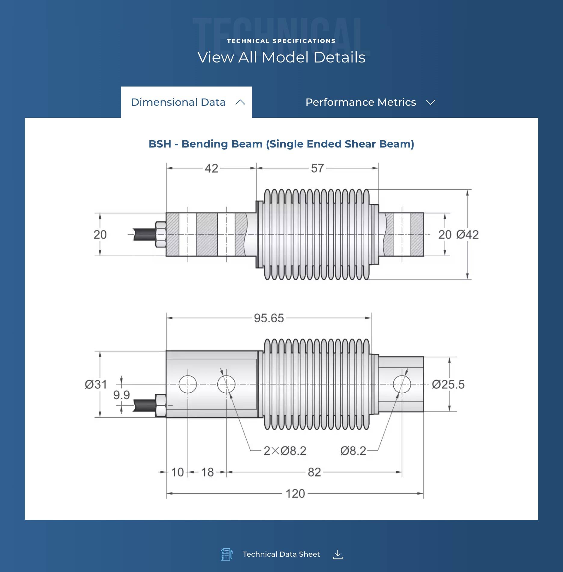 screenshot of specifications and technical illustrations found on product pages of the Transcell website