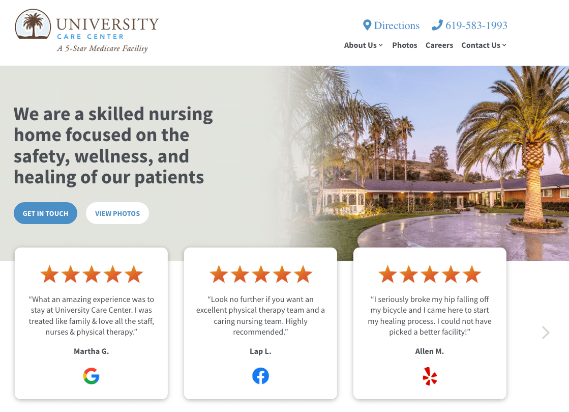 Screen grab of university care center skilled nursing website home page