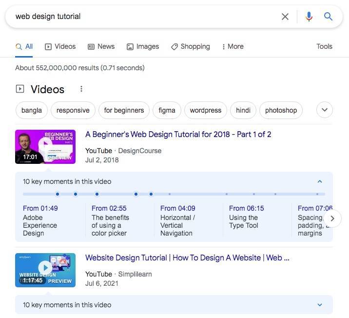 example of a video snippet in google search results