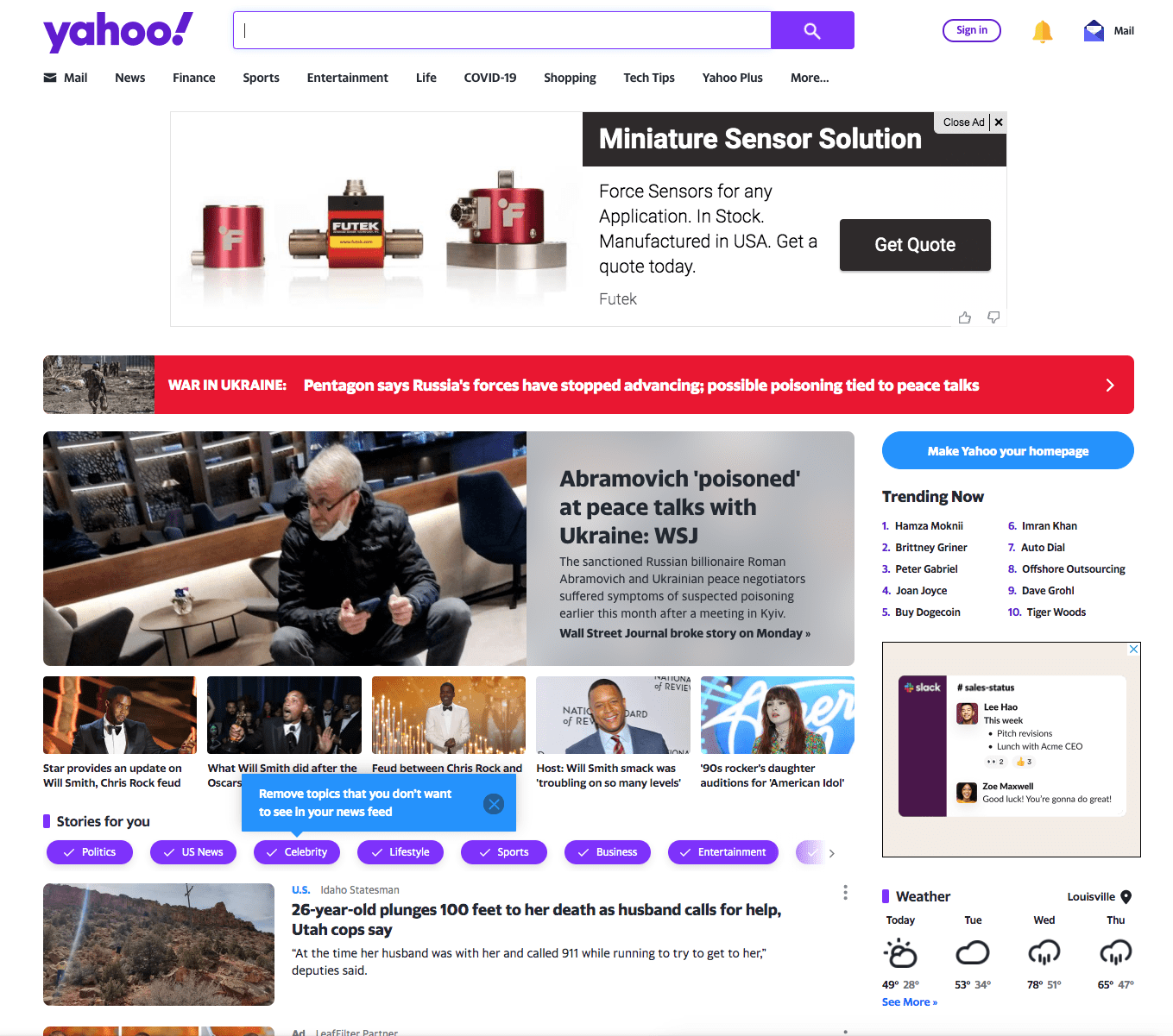 homepage of Yahoo in 2022