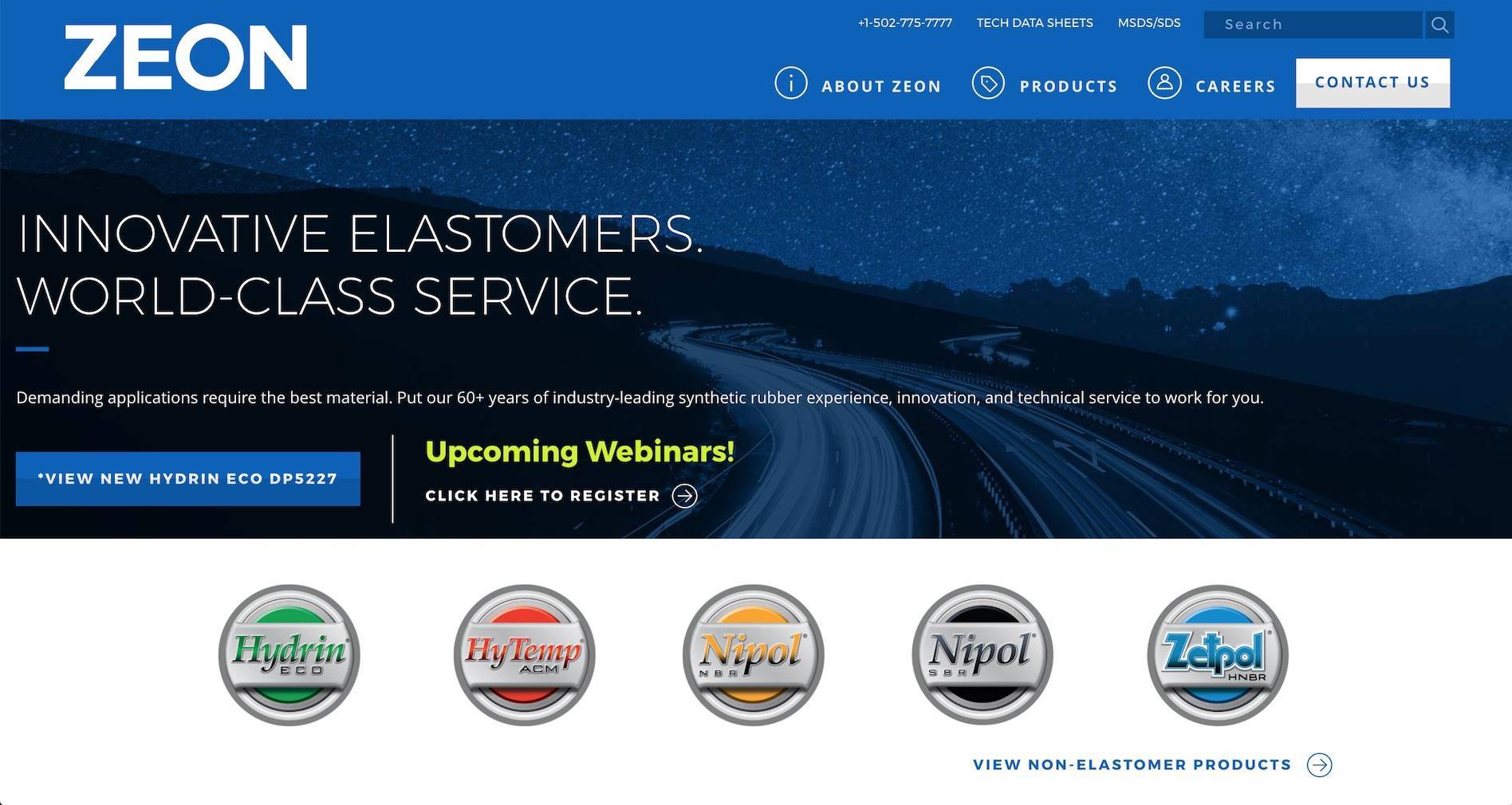 the Zeon Chemicals website homepage showing messaging in the hero section